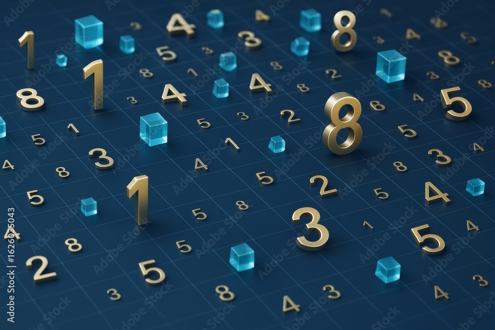 Aufkleber golden 3d numbers and blue cubes floating creatively over a dark grid background in a modern abstrac