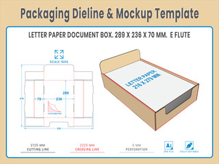 Packaging Dieline and Mockup Template. Paper Document Box. Dieline Real Shape and Dimension. Mockup Template. Fully editable vector. Equipped die cut lengths prepared for production.