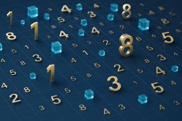 Golden 3D numbers and blue cubes floating creatively over a dark grid background in a modern abstract mathematical concept scene.