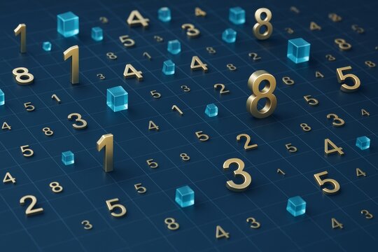 Golden 3D numbers and blue cubes floating creatively over a dark grid background in a modern abstract mathematical concept scene.