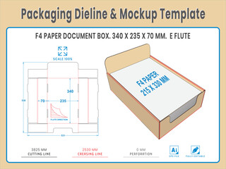 Packaging Dieline and Mockup Template. Paper Document Box. Dieline Real Shape and Dimension. Mockup Template. Fully editable vector. Equipped die cut lengths prepared for production.