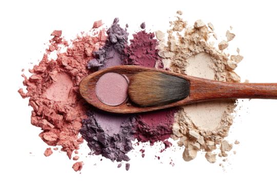 Cosmetic powders in various shades, including rose, mauve, and beige, displayed on a wooden spoon with a makeup brush