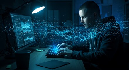Cybersecurity expert analyzing data on a computer with digital stream code flowing around in a dark room representing security infrastructure and data analysis