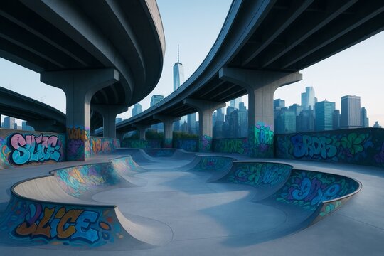 Urban skatepark with graffiti art under highway overpasses against modern city skyline during soft daylight, showcasing youth hobby culture concept. Ai generative