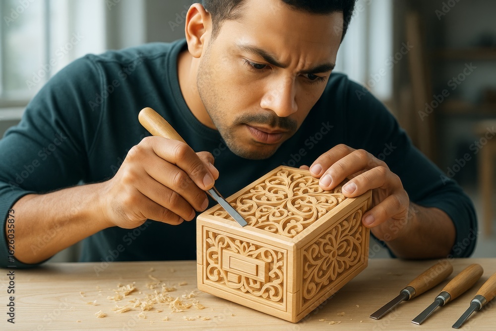 Poster focused man carving intricate wood design on decorative box using chisel, engaging in woodworking ho