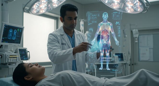 Doctor Analyzing Human Anatomy on Futuristic Hologram in Operating Room for Medical Innovation and Advanced Patient Care Technology