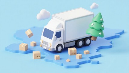 3D Illustration of a Delivery Truck on a Map with Boxes and a Tree