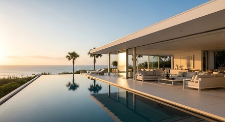 Luxurious beachfront villa with infinity pool offering stunning ocean views at sunset time
