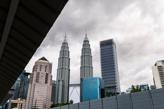 Geometric cityscape framing Petronas Towers skyscrapers, Kuala Lumpur, Malaysia