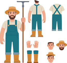 Illustrated Farmer and Work Components: An illustrated depiction of a farmer in work clothes, along with separated components such as clothing and different head designs.