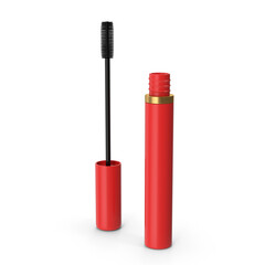 Red Mascara Tube and Wand ,3D, transparent background , PNG 