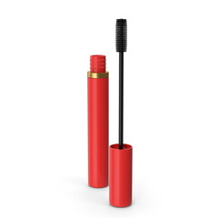 Red Mascara Tube and Wand Beauty Product Photography ,3D, transparent background , PNG 