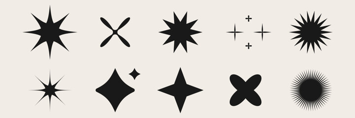 Fototapeta premium Set of blinking stars, sparks and sparkles. Shining twinkle sunburst shapes collection. Magic light flare pack for design template, poster, banner, brochure, leaflet. Vector