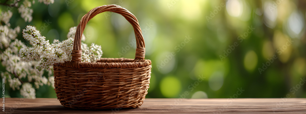 Poster empty basket on wooden table over green bokeh background. easter spring and easter mockup