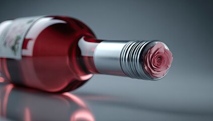 Close-up of a bottle of ros? wine.  A small, detailed pink rose adorns the bottle's metallic cap. The wine is a translucent pinkish-red hue.  Light reflects subtly on the glass