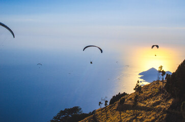 Group of paragliders flying over golden sea and coast in Oludeniz Turkey 19 August 2024