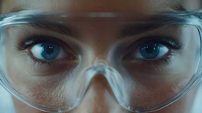 Womans intense blue eyes in safety glasses science research medical concept