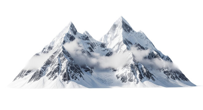 Towering, majestic snow-capped mountain peaks, rugged, covered in transparent snow and ice, isolated on a vast plain with turbulent dark grey, deep blue clouds, ethereal mist swirling, studio-like