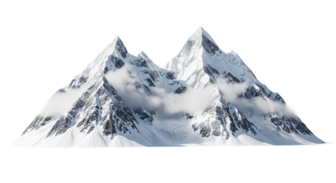 Towering, majestic snow-capped mountain peaks, rugged, covered in transparent snow and ice, isolated on a vast plain with turbulent dark grey, deep blue clouds, ethereal mist swirling, studio-like