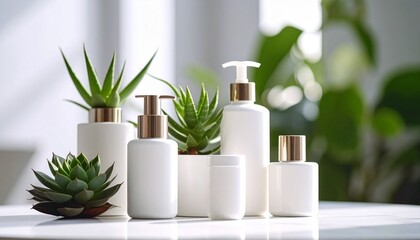 Aesthetic arrangement of luxurious white cosmetic bottles with gold caps on a white surface, surrounded by green succulents&mdash;bright natural lighting, blurred plant-filled background&mdash;clean, elegant skin