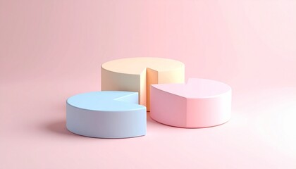 Three pastel-colored pie chart segments arranged on a pink background—minimal, geometric, and modern.