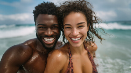 Fototapeta premium Interracial couple laughing and running in shallow tropical waters under soft daylight, beach fun, summer love energy tropical romance, beach life, emotional freedom, Caribbean bea