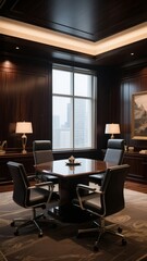 Elegant Executive Office with Dark Wood Paneling and City View