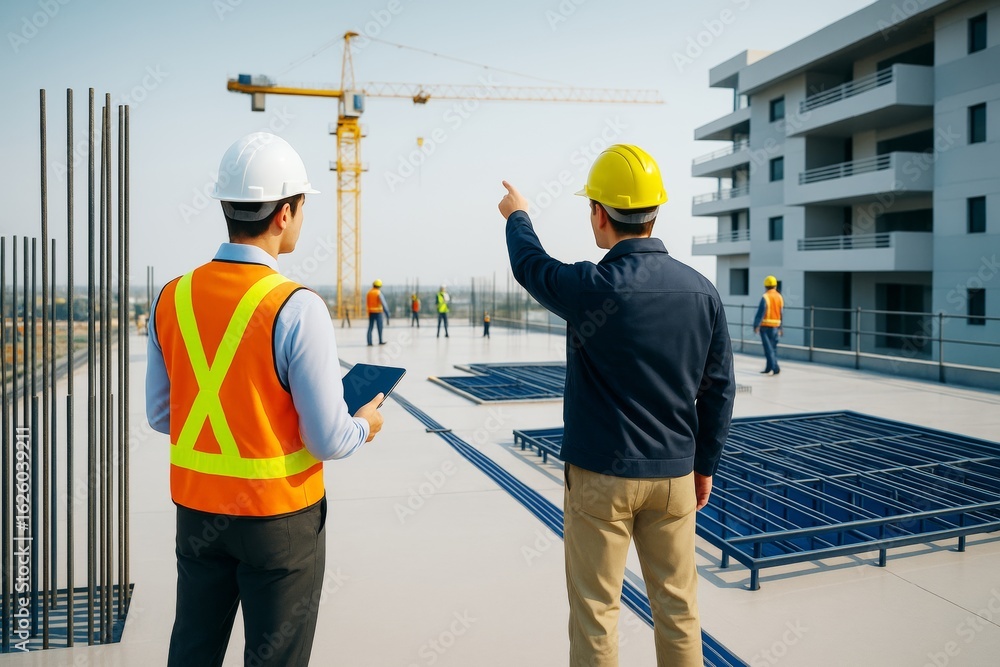 Poster construction managers and engineers discussing project progress on rooftop with crane and workers in