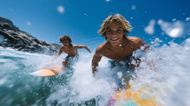 Two young surfers laughing and running through the waves onto a rocky beach, orange and pastel surfboards, clear blue sky, energetic vibe surf culture, dynamic movement, surf vacat