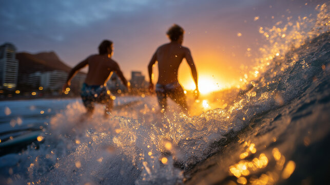 Surfing friends exiting the ocean at golden hour, city skyline behind them, wet sand and sparkling water, full-body action scene urban surf trip, ocean passion, modern coastal trav - Powered by Adobe