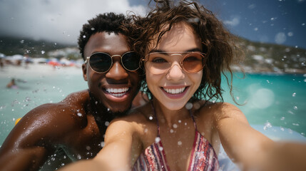 Cheerful beach couple in swimwear enjoying playful adventure in the sea, holding inflatable float, clear skies and paradise waters around fun travel moment, tropical island love, c