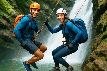 Smiling couple enjoying outdoor adventure while rappelling down a waterfall in lush forest landscape with climbing gear and backpacks on. Ai generative