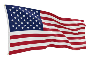 United States flag made of high-quality textile fabric, vibrant red, white, and blue, with fifty stars, gently billowing with elegant folds, isolated against a seamless transparent studio background,
