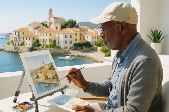 Elderly man painting scenic coastal village with watercolor on sunny balcony, peaceful atmosphere, Mediterranean architecture in background. Ai generative