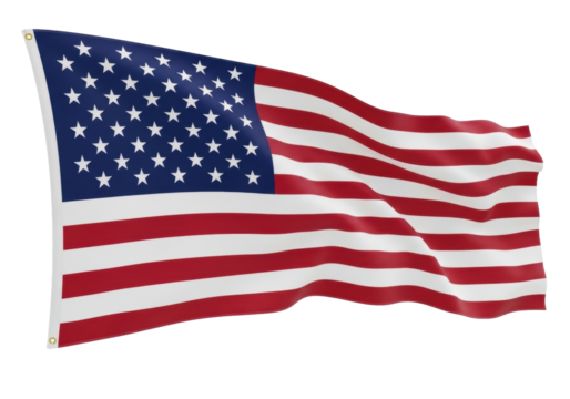 United States flag made of high-quality textile fabric, vibrant red, white, and blue, with fifty stars, gently billowing with elegant folds, isolated against a seamless transparent studio background,