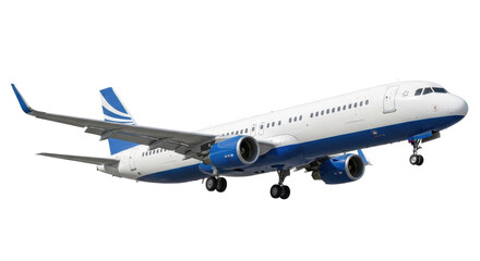 Obraz premium A sleek, modern, immaculate white commercial passenger jet airplane with blue livery, depicted gracefully mid-flight against a transparent, seamless studio background with no shadows, isolated, static