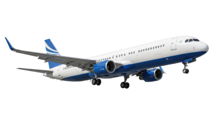 A sleek, modern, immaculate white commercial passenger jet airplane with blue livery, depicted gracefully mid-flight against a transparent, seamless studio background with no shadows, isolated, static