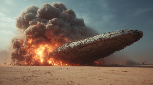 Massive alien spacecraft crashes and explodes in desert, sending plumes of smoke and fire into the sky during daylight hours