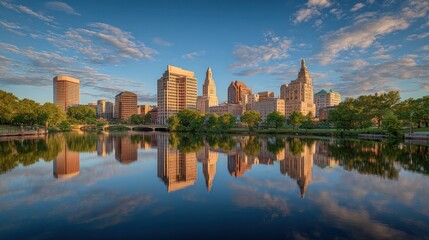Obraz premium City skyline reflecting in calm water