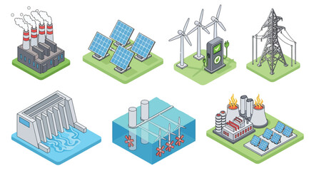 Isometric energy sources illustration showcasing renewable and nonrenewable power
