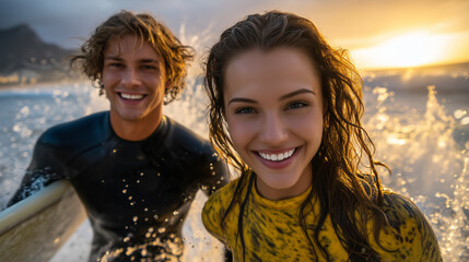 Dynamic couple running with surfboards on the beach during sunrise, smiling and laughing, barefoot in wetsuits, enjoying freedom and ocean breeze, splash of water and glowing sky s