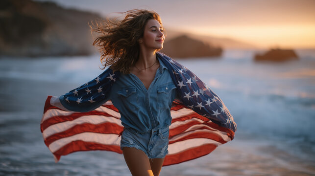 Young woman joyfully running along the beach at sunset, holding the American flag behind her like a cape, celebrating freedom, wearing denim shorts and loose shirt, golden waves sh - Powered by Adobe