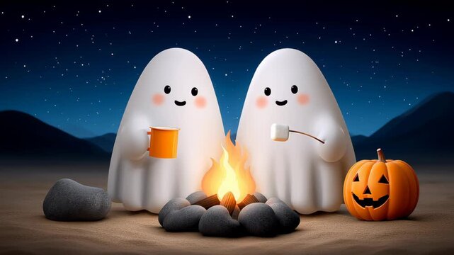Two cheerful ghost characters sitting by a campfire, enjoying warm drinks, surrounded by rocks and a carved pumpkin, under a starry night sky, creating a cozy Halloween atmosphere