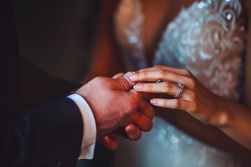A bride and groom's engagement ring exchange.