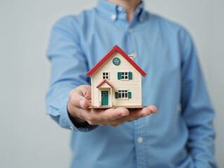 A person in a light blue shirt presents a small house model with a red roof and green accents. The focus is on the skillful display of the house in a relaxed indoor environment.
