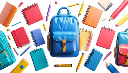 back to school backpack backdrop with school stationary items books note books pencils etc png file 