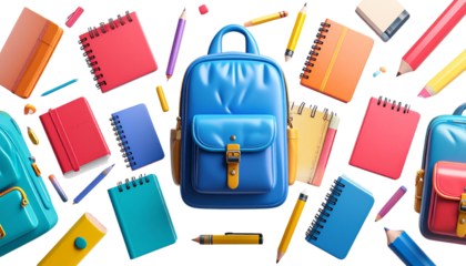 back to school backpack backdrop with school stationary items books note books pencils etc png file 