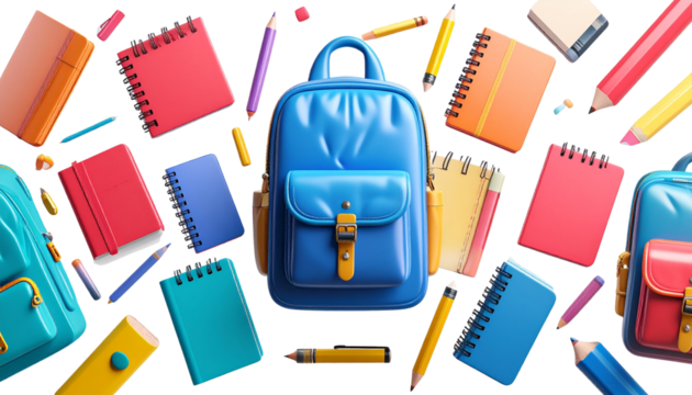 back to school backpack backdrop with school stationary items books note books pencils etc png file 