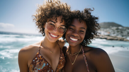 Happy best friends posing playfully on a summer beach vacation, stylish swimwear, carefree laughter, bright ocean behind them, sunny coastal ambiance female friendship at beach, su