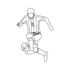 Line Art of Soccer Player in Action, Football Player Outline Kicking Ball